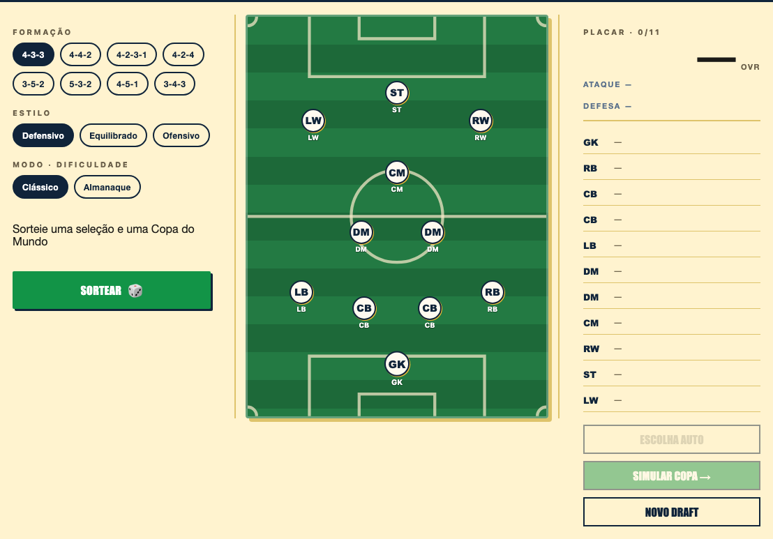 Pantalla de Sete a Zero con sorteo, lista de jugadores y formación del XI